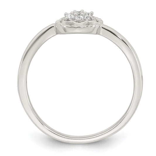 Sterling Silver Polished and Grooved White CZ Flower with Wavy Shank Size 8 Ring