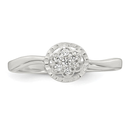 Sterling Silver Polished and Grooved White CZ Flower with Wavy Shank Size 6 Ring
