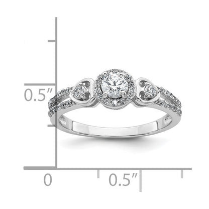 Sterling Silver Rhodium-plated Polished Round CZ Halo Double Side Heart Split Shank Size 6 Ring