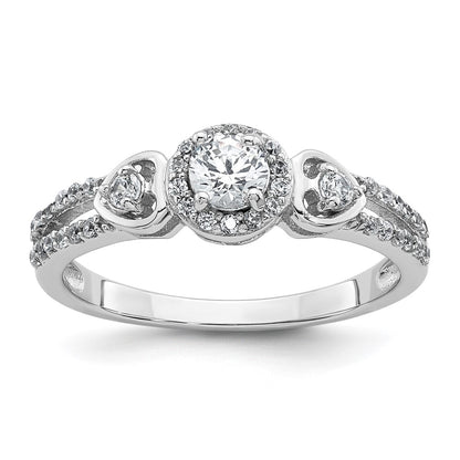 Sterling Silver Rhodium-plated Polished Round CZ Halo Double Side Heart Split Shank Size 8 Ring