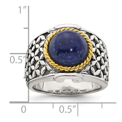 Sterling Silver Antiqued with Gold-plated Accent Polished Round Lapis Cabochon Woven Pattern Ring