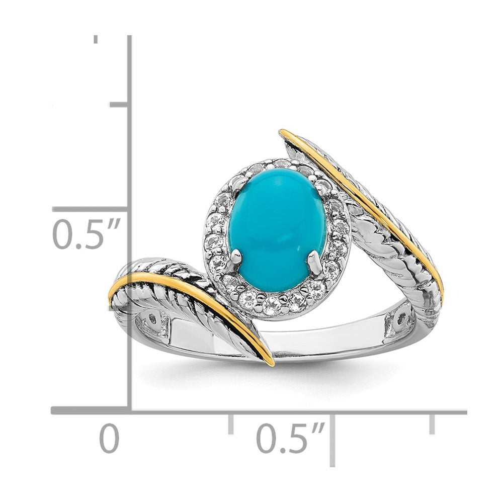 Sterling Silver Rhodium-plated with 14k Feather Accent Polished Reconstructed Turquoise Cabochon and White Topaz Ring