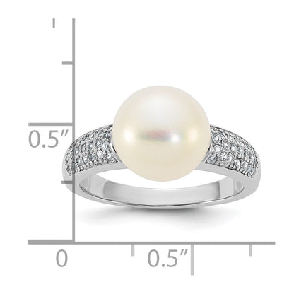 Sterling Silver Rhodium-plated 9-10mm Button White Freshwater Cultured Pearl and CZ Size 7 Ring