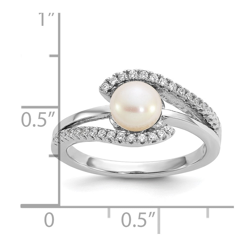 Sterling Silver Rhodium-plated Polished CZ and 6-7mm Freshwater Cultured Pearl Size 8 Ring