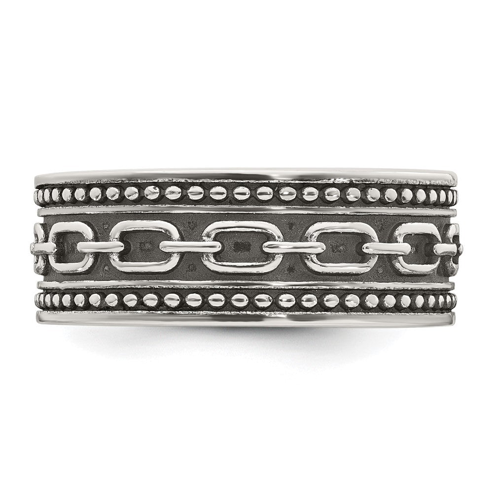 Sterling Silver Polished Beaded Antiqued Chain Link Band Size 9 Mens Ring