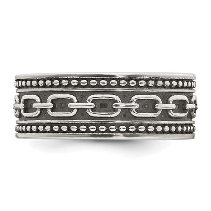 Sterling Silver Polished Beaded Antiqued Chain Link Band Size 9 Mens Ring