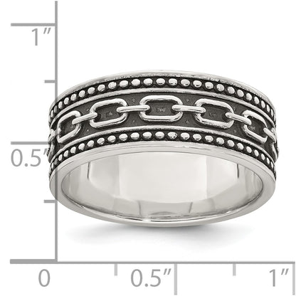 Sterling Silver Polished Beaded Antiqued Chain Link Band Size 10 Mens Ring