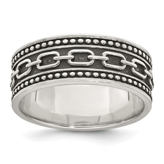Sterling Silver Polished Beaded Antiqued Chain Link Band Size 9 Mens Ring