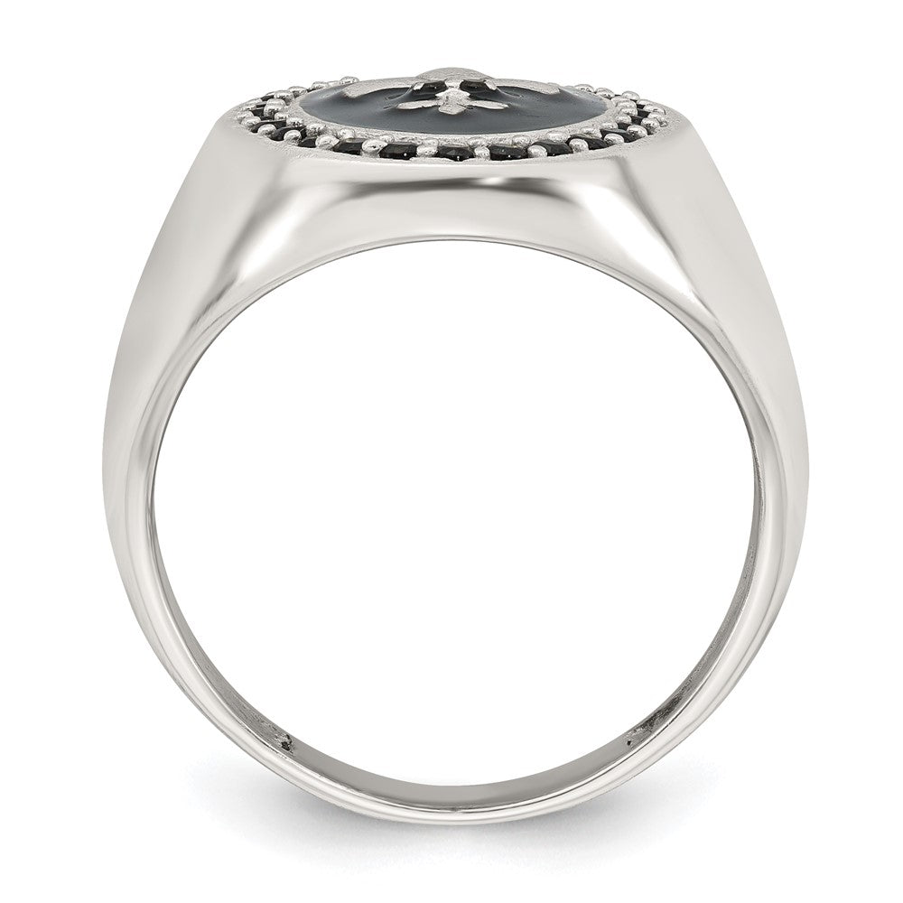 Sterling Silver Polished Fleur de Lis Black Enameled and Black Nano Crystals Size 9 Mens Signet Ring
