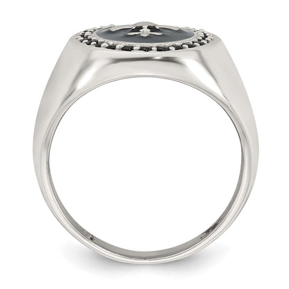 Sterling Silver Polished Fleur de Lis Black Enameled and Black Nano Crystals Size 9 Mens Signet Ring