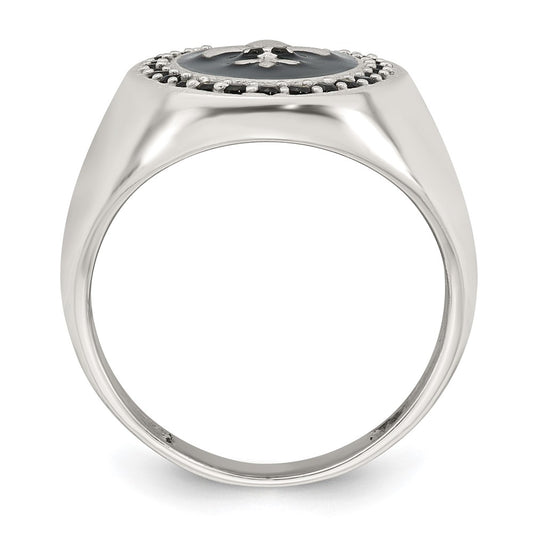 Sterling Silver Polished Fleur de Lis Black Enameled and Black Nano Crystals Size 9 Mens Signet Ring