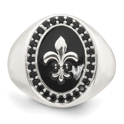 Sterling Silver Polished Fleur de Lis Black Enameled and Black Nano Crystals Size 9 Mens Signet Ring