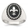 Sterling Silver Polished Fleur de Lis Black Enameled and Black Nano Crystals Size 9 Mens Signet Ring