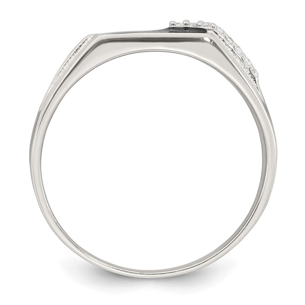 Sterling Silver Polished Black Enameled and White CZ Size 9 Mens Signet Ring