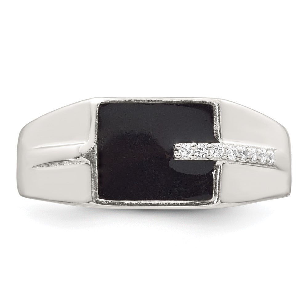 Sterling Silver Polished Black Enameled and White CZ Size 9 Mens Signet Ring