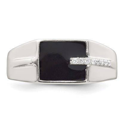 Sterling Silver Polished Black Enameled and White CZ Size 9 Mens Signet Ring