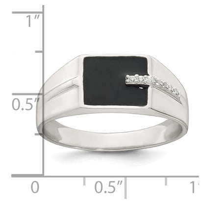Sterling Silver Polished Black Enameled and White CZ Size 10 Mens Signet Ring