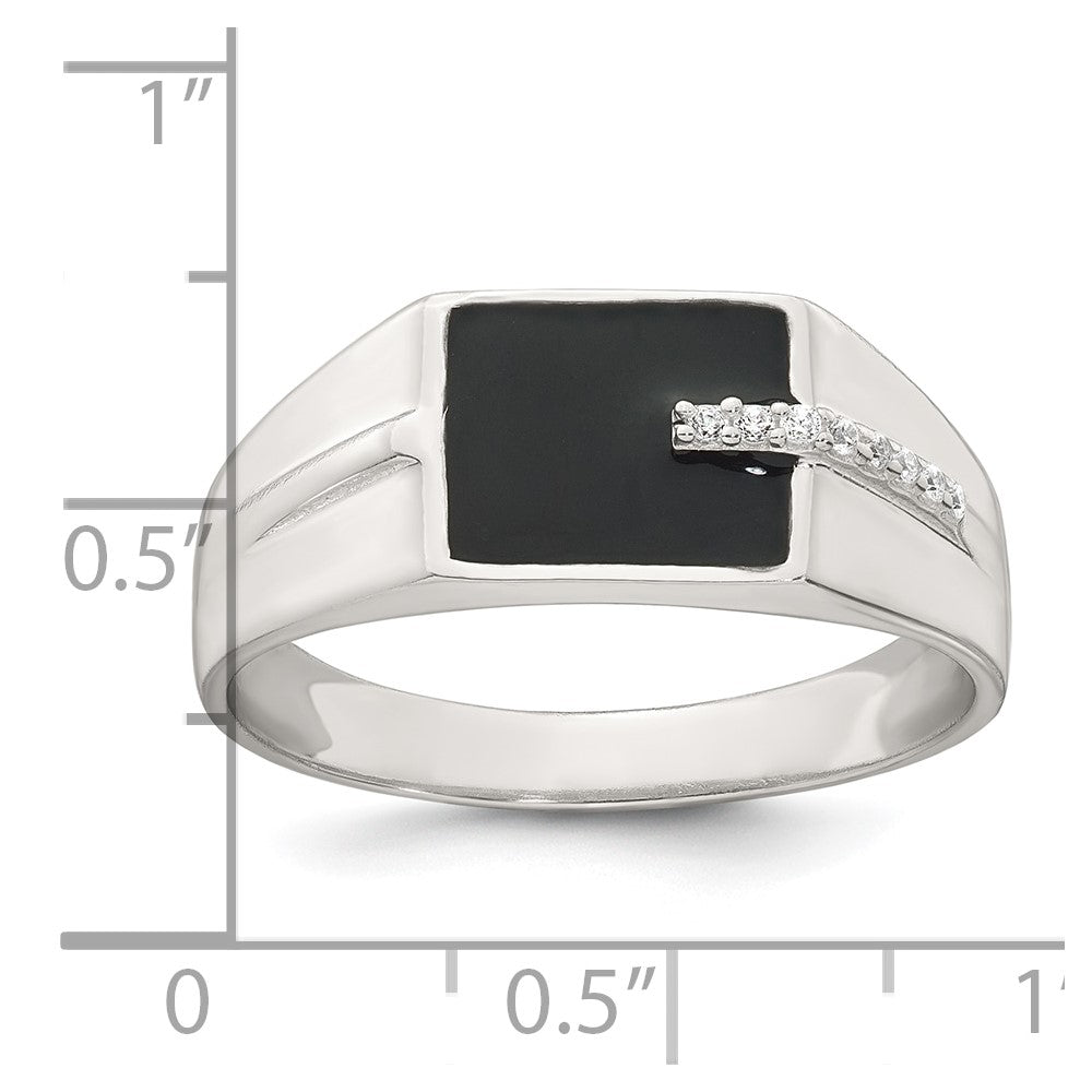 Sterling Silver Polished Black Enameled and White CZ Size 11 Mens Signet Ring