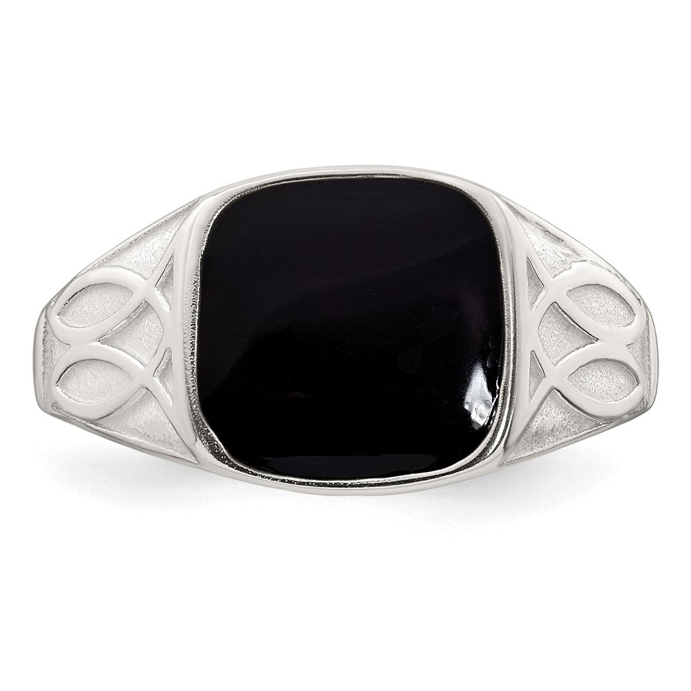 Sterling Silver Polished and Textured Black Enameled Size 9 Mens Signet Ring