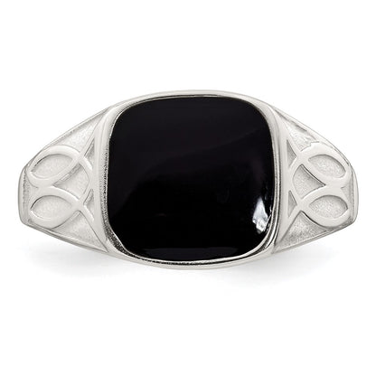Sterling Silver Polished and Textured Black Enameled Size 9 Mens Signet Ring