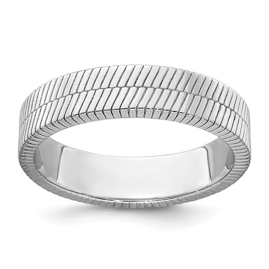 Sterling Silver Rhodium-plated Polished and Textured 5.00mm Band Size 9 Mens Ring