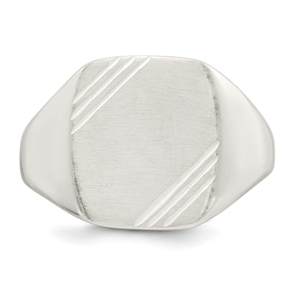 Sterling Silver Polished Brushed and Grooved 15.3mm x 13.2mm Rectangle Closed Back Size 9 Mens Signet Ring