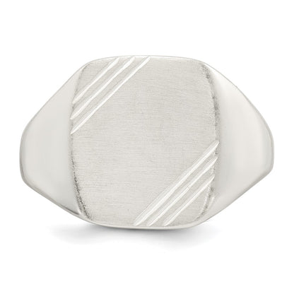 Sterling Silver Polished Brushed and Grooved 15.3mm x 13.2mm Rectangle Closed Back Size 9 Mens Signet Ring