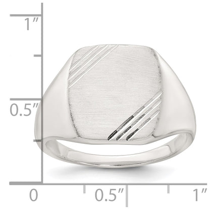Sterling Silver Polished Brushed and Grooved 15.3mm x 13.2mm Rectangle Closed Back Size 11 Mens Signet Ring