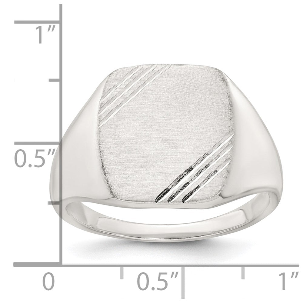 Sterling Silver Polished Brushed and Grooved 15.3mm x 13.2mm Rectangle Closed Back Size 9 Mens Signet Ring