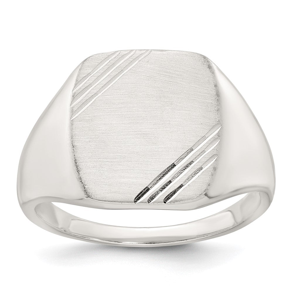 Sterling Silver Polished Brushed and Grooved 15.3mm x 13.2mm Rectangle Closed Back Size 9 Mens Signet Ring