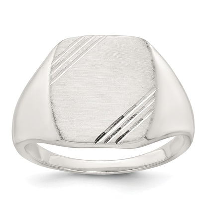 Sterling Silver Polished Brushed and Grooved 15.3mm x 13.2mm Rectangle Closed Back Size 9 Mens Signet Ring