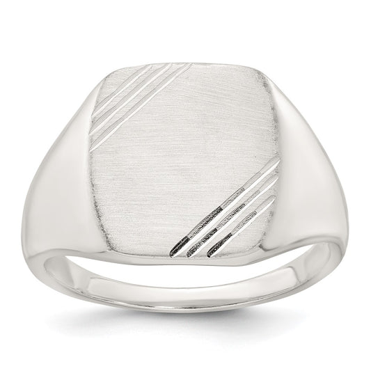 Sterling Silver Polished Brushed and Grooved 15.3mm x 13.2mm Rectangle Closed Back Size 9 Mens Signet Ring