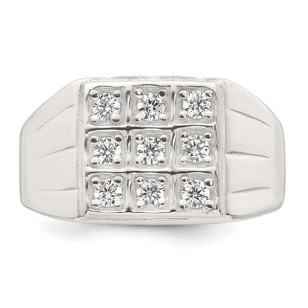 Sterling Silver Polished and Grooved White CZ Square Size 9 Mens Ring