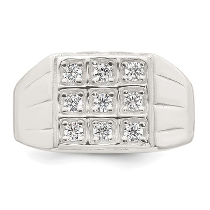Sterling Silver Polished and Grooved White CZ Square Size 9 Mens Ring