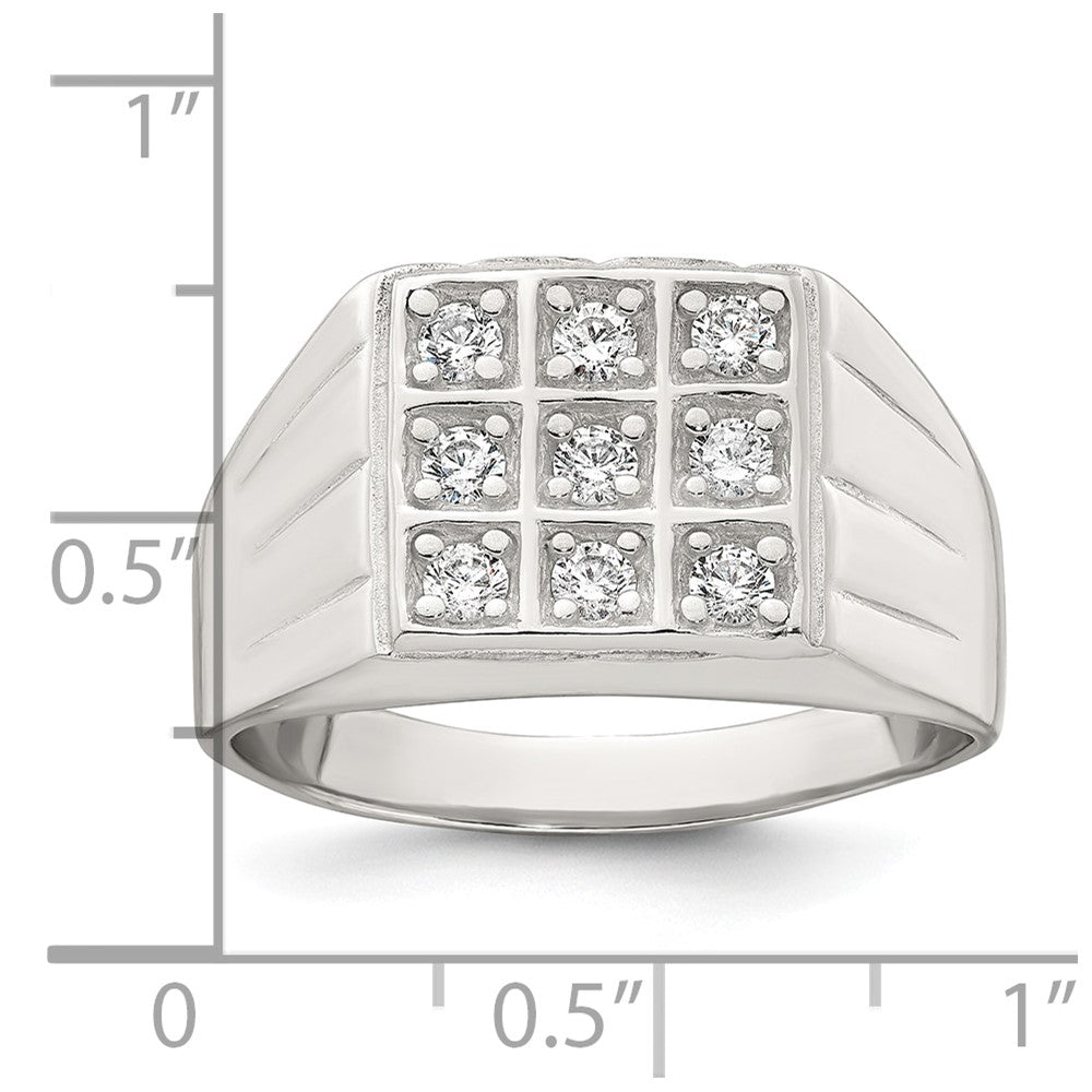 Sterling Silver Polished and Grooved White CZ Square Size 9 Mens Ring