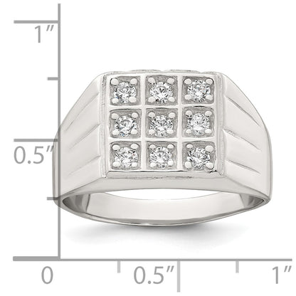 Sterling Silver Polished and Grooved White CZ Square Size 9 Mens Ring