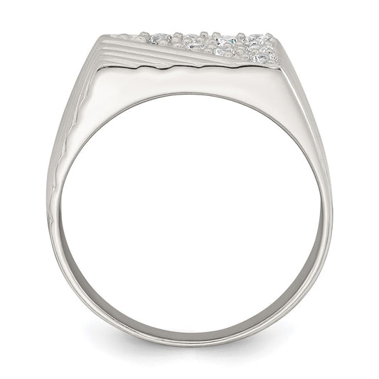 Sterling Silver Polished and Grooved White CZ Size 9 Mens Ring