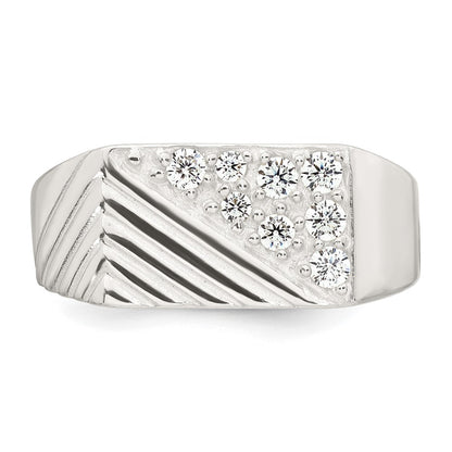 Sterling Silver Polished and Grooved White CZ Size 9 Mens Ring