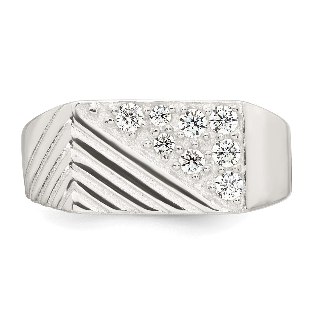 Sterling Silver Polished and Grooved White CZ Size 11 Mens Ring
