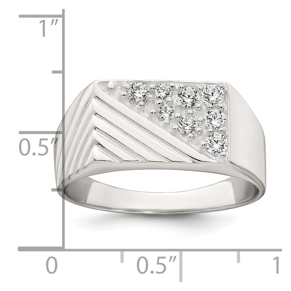 Sterling Silver Polished and Grooved White CZ Size 9 Mens Ring