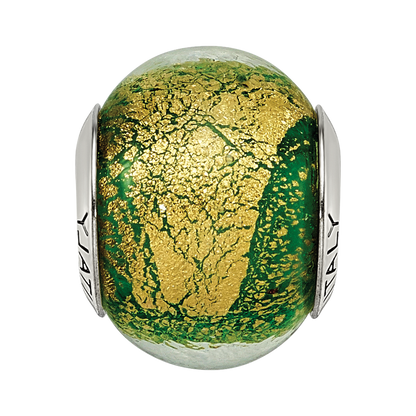 Sterling Silver Reflections Green/Gold Italian Murano Bead