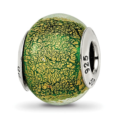 Sterling Silver Reflections Green/Gold Italian Murano Bead