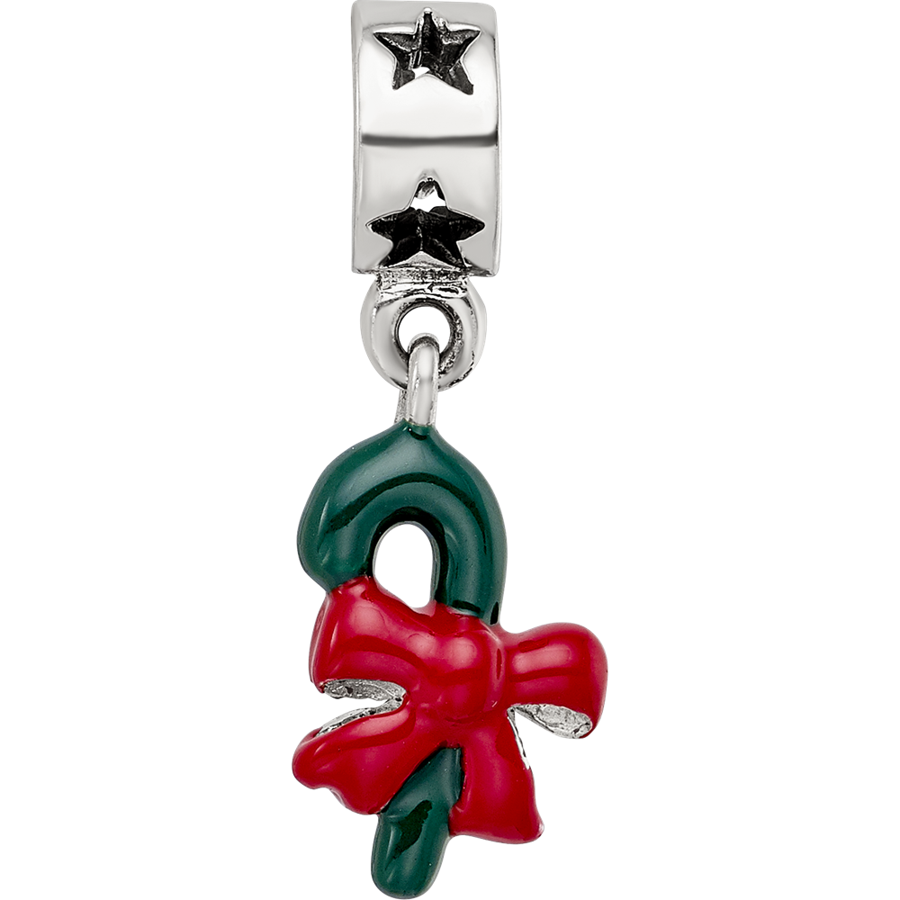 Sterling Silver Reflections Green Enameled Candycane Dangle Bead