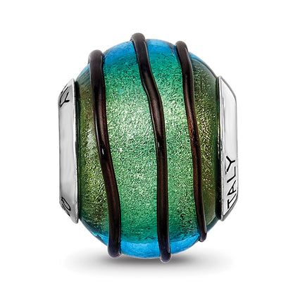 Sterling Silver Reflections Teal w/Black Stripes Italian Murano Bead