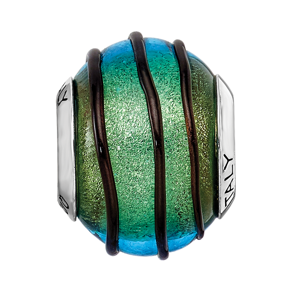 Sterling Silver Reflections Teal w/Black Stripes Italian Murano Bead