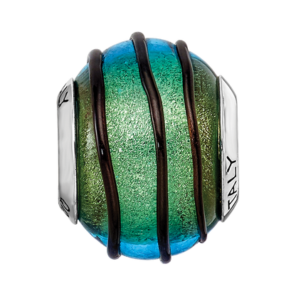 Sterling Silver Reflections Teal w/Black Stripes Italian Murano Bead