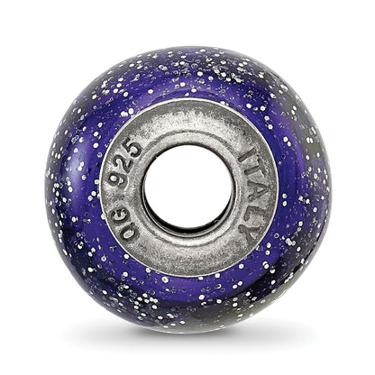 Sterling Silver Reflections Dark Blue w/Silver Glitter Italian Murano Bead