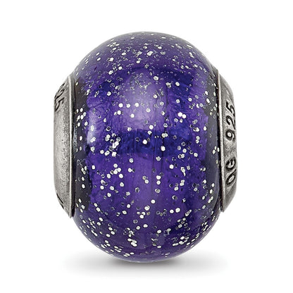 Sterling Silver Reflections Dark Blue w/Silver Glitter Italian Murano Bead