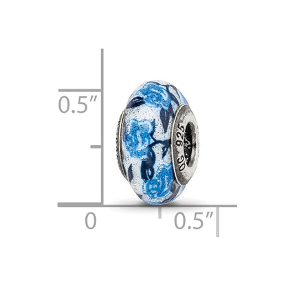 Sterling Silver Reflections Blue Rose Glitter Overlay Glass Bead