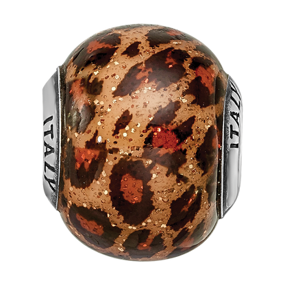 Sterling Silver Reflections Brown Jaguar Glitter Overlay Glass Bead